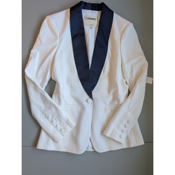 NWD L'AGENCE Single-button Contrast Lapel Smoking Blazer Size 2 White #1K458 - Picture 2 of 13